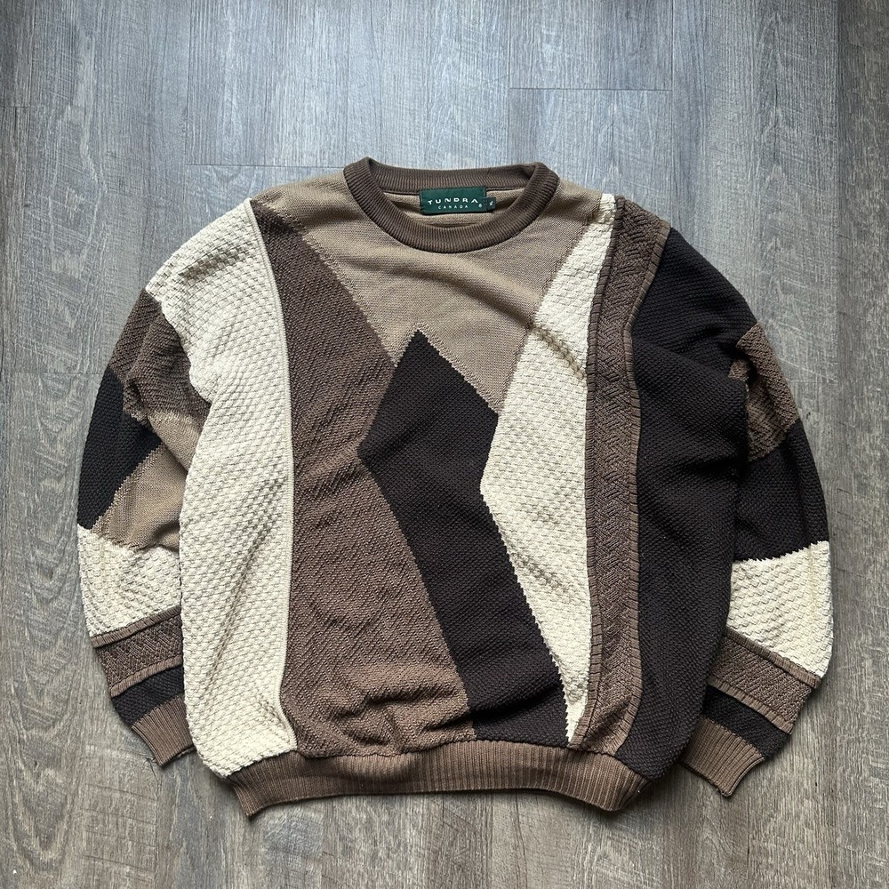 Vintage 90s Tundra Canada 3D Knit Sweater Coogi Style Striped XL Geometric Rare